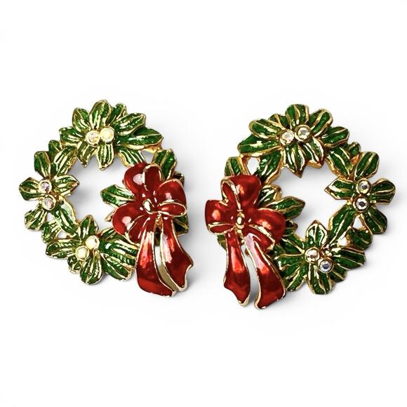 Unbranded Jewelry - Holiday Enamel Pierced Earrings Green Wreath Red Bow Gold Tone Post Festive